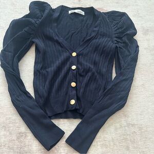 Zara Navy Ribbed puff sleeved Cardigan small